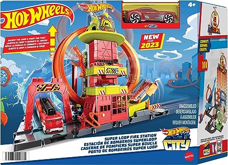 Hot Wheels Juego de pistas de juguete City Super Loop Fire Station y camión de bomberos